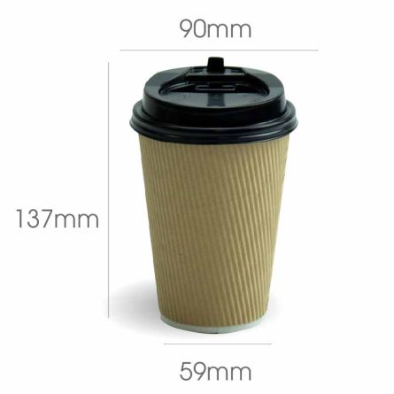 Kraft Ripple Paper Cup with Plastic Lid With Button Black (475ml)500 - HRK