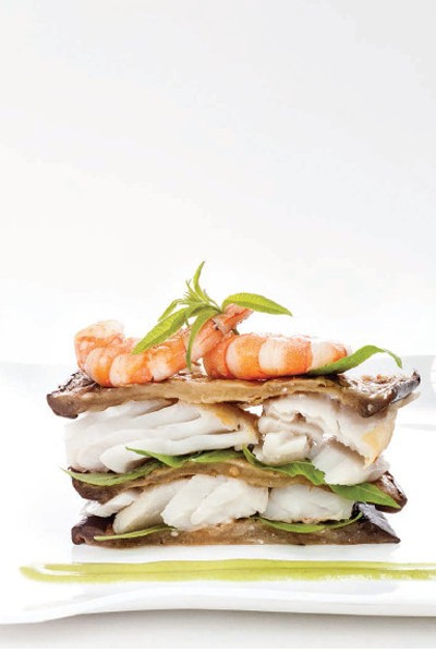 Mille-Feuille of eggplant and cod with verbena and shrimp