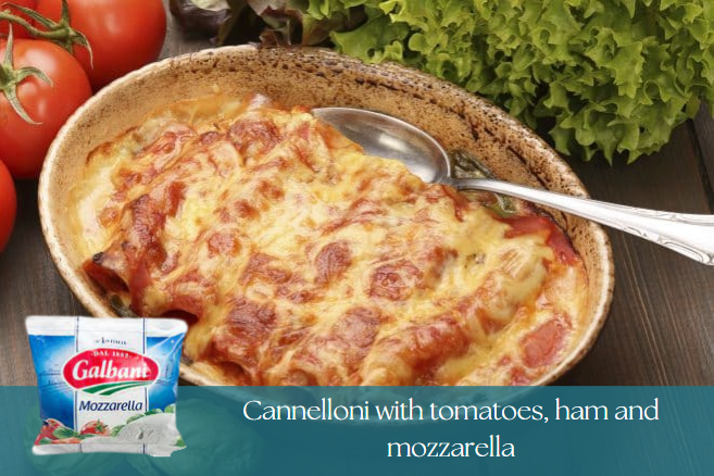 Cannelloni with tomatoes, ham, and mozzarella